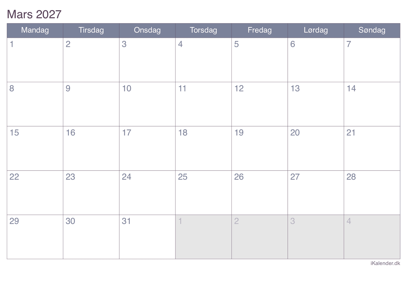 Kalender marts 2027 - Office