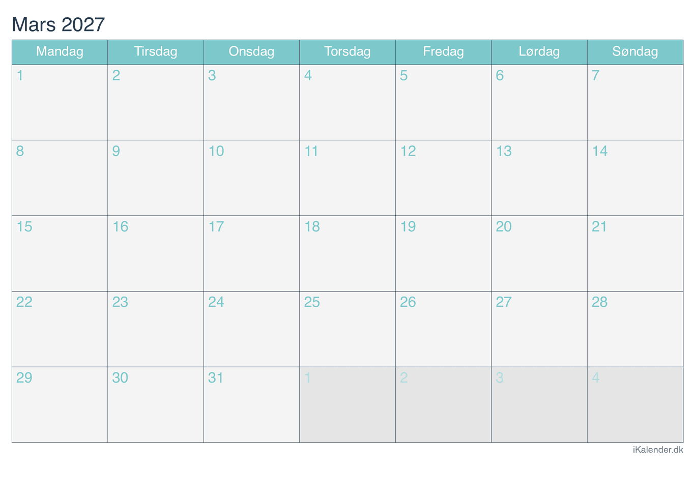 Kalender marts 2027 - Turkis