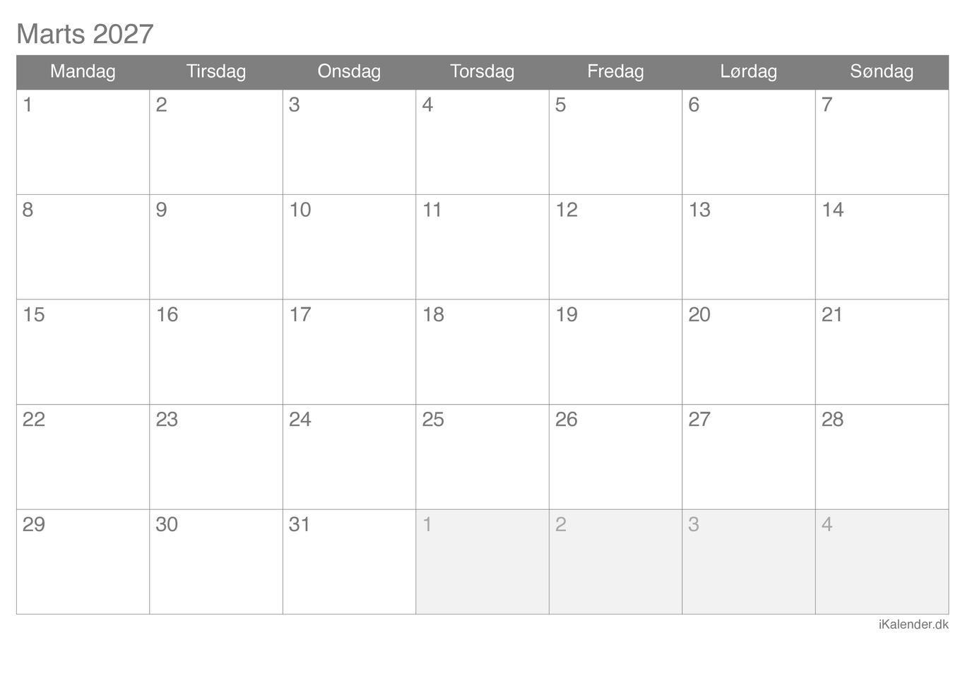 Kalender marts 2027
