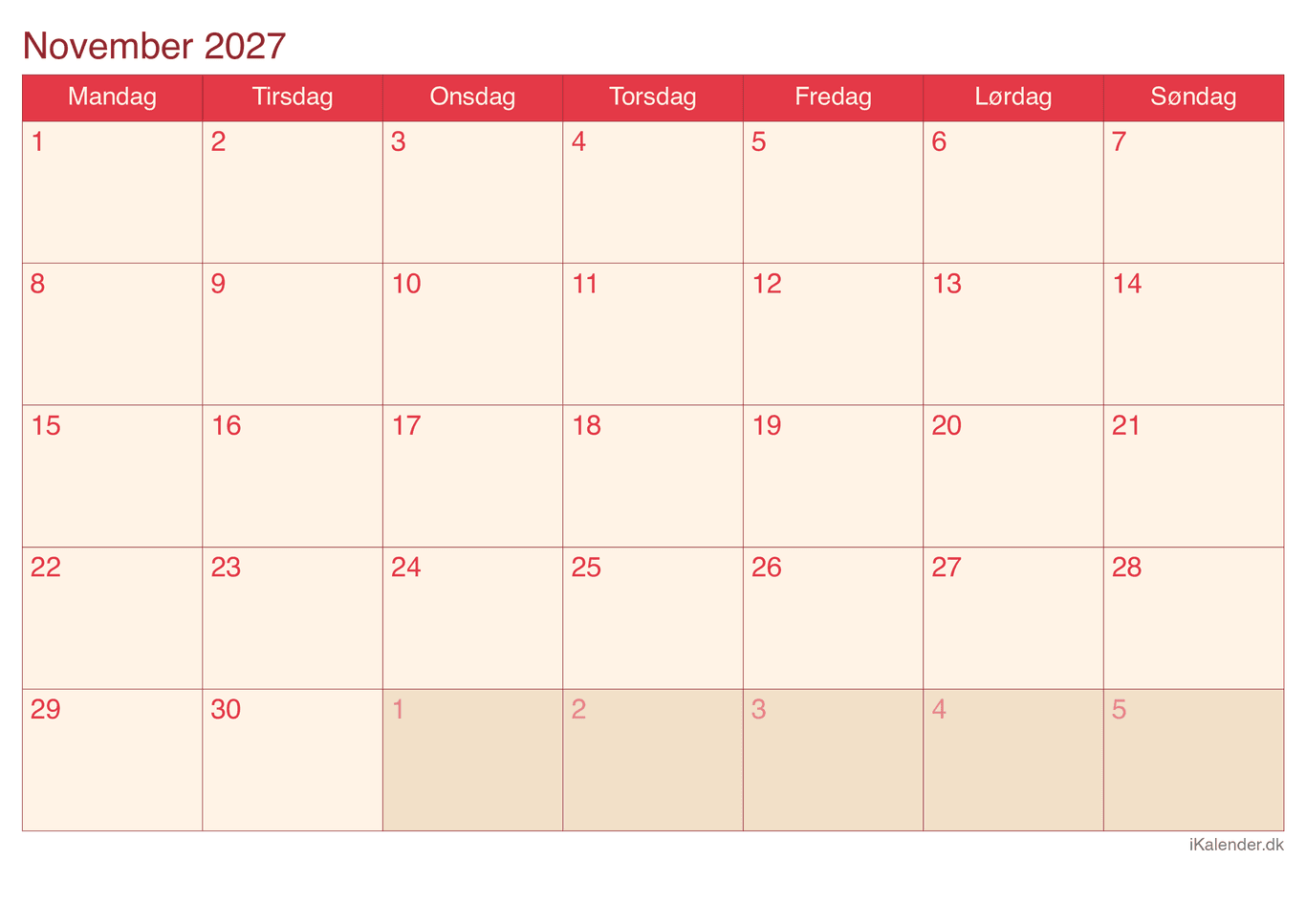 Kalender november 2027 - Cherry