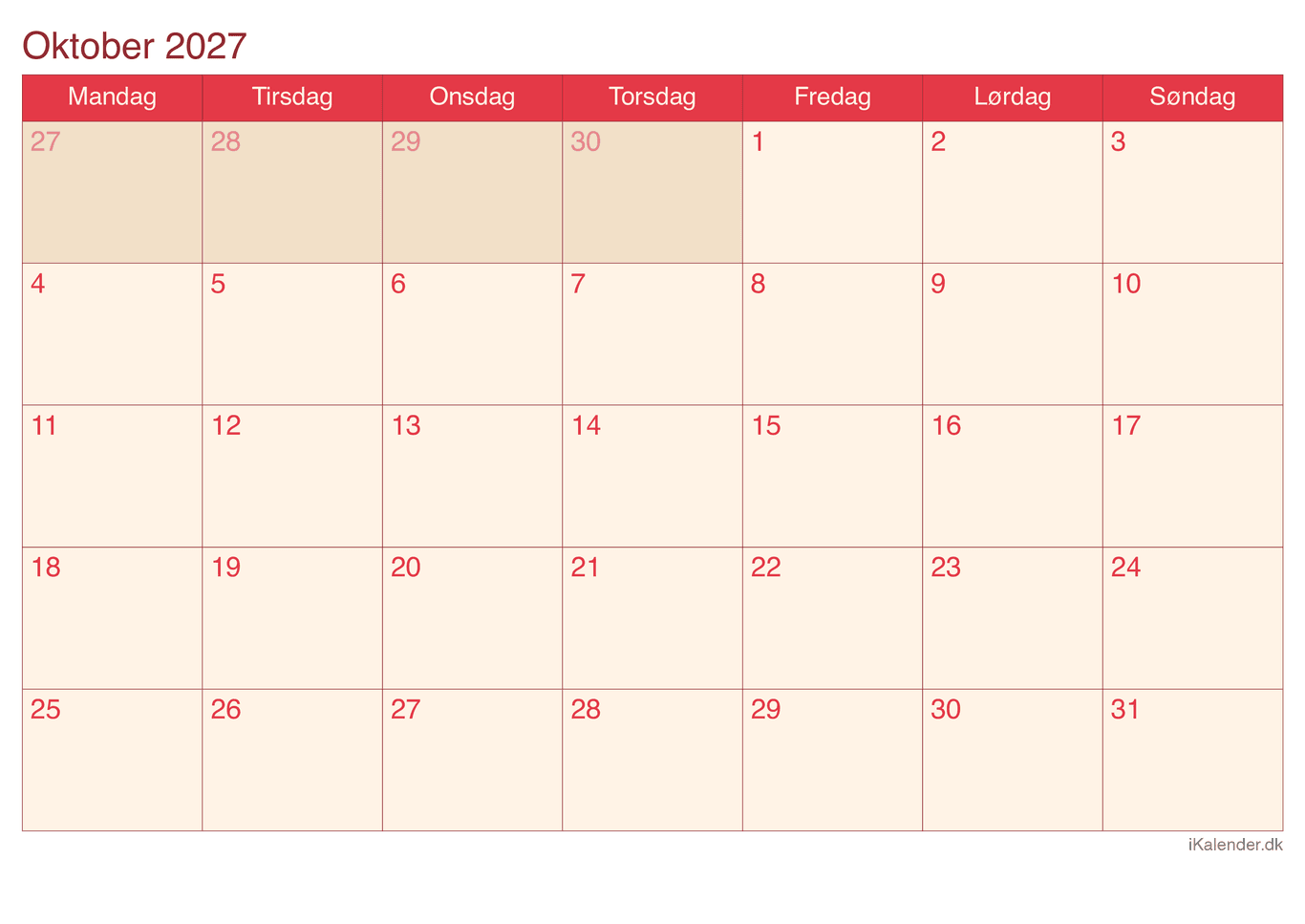 Kalender oktober 2027 - Cherry