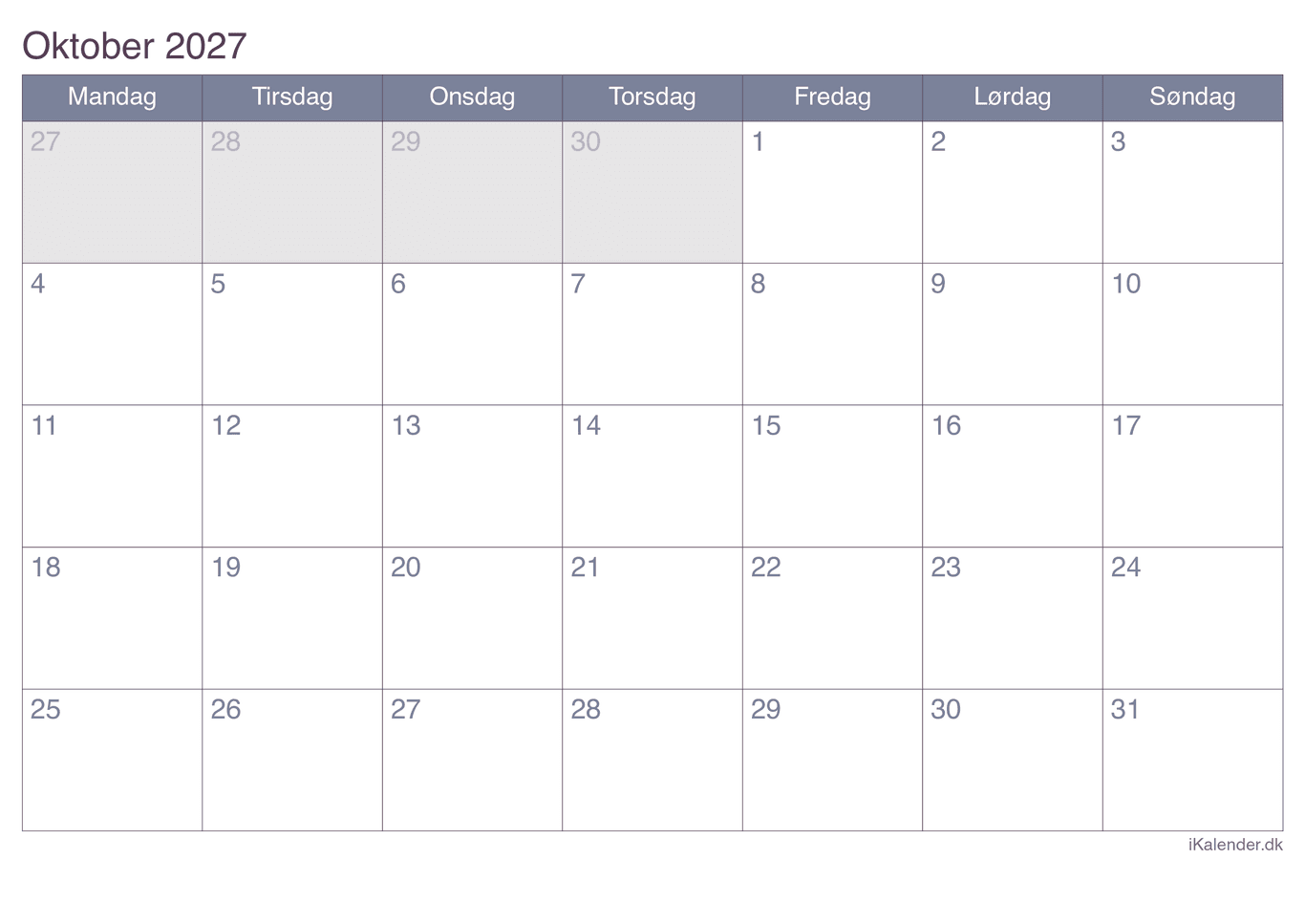 Kalender oktober 2027 - Office