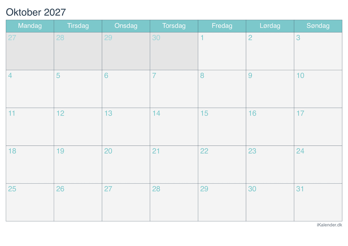 Kalender oktober 2027 - Turkis