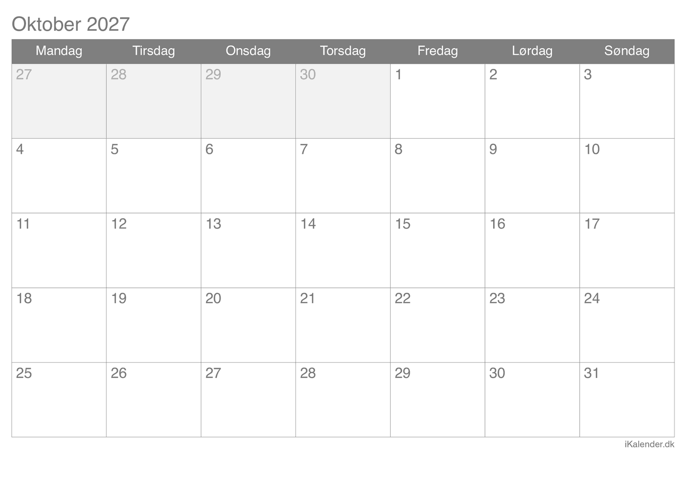 Kalender oktober 2027