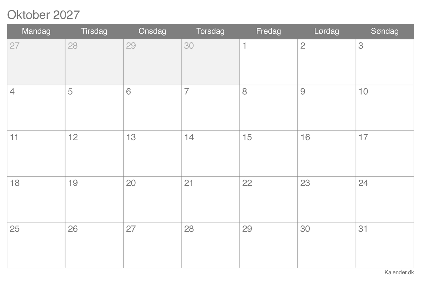 Kalender oktober 2027