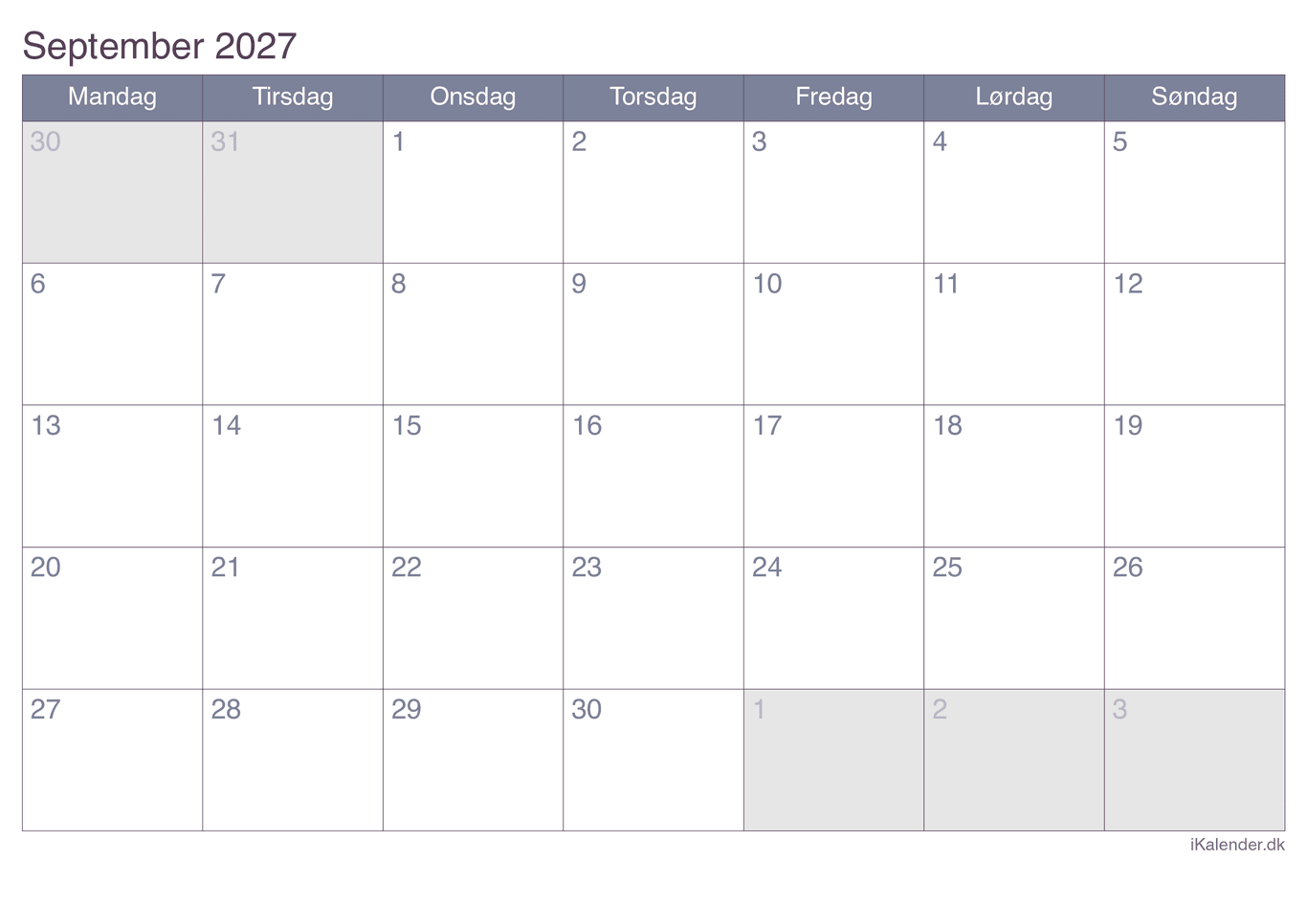 Kalender september 2027 - Office