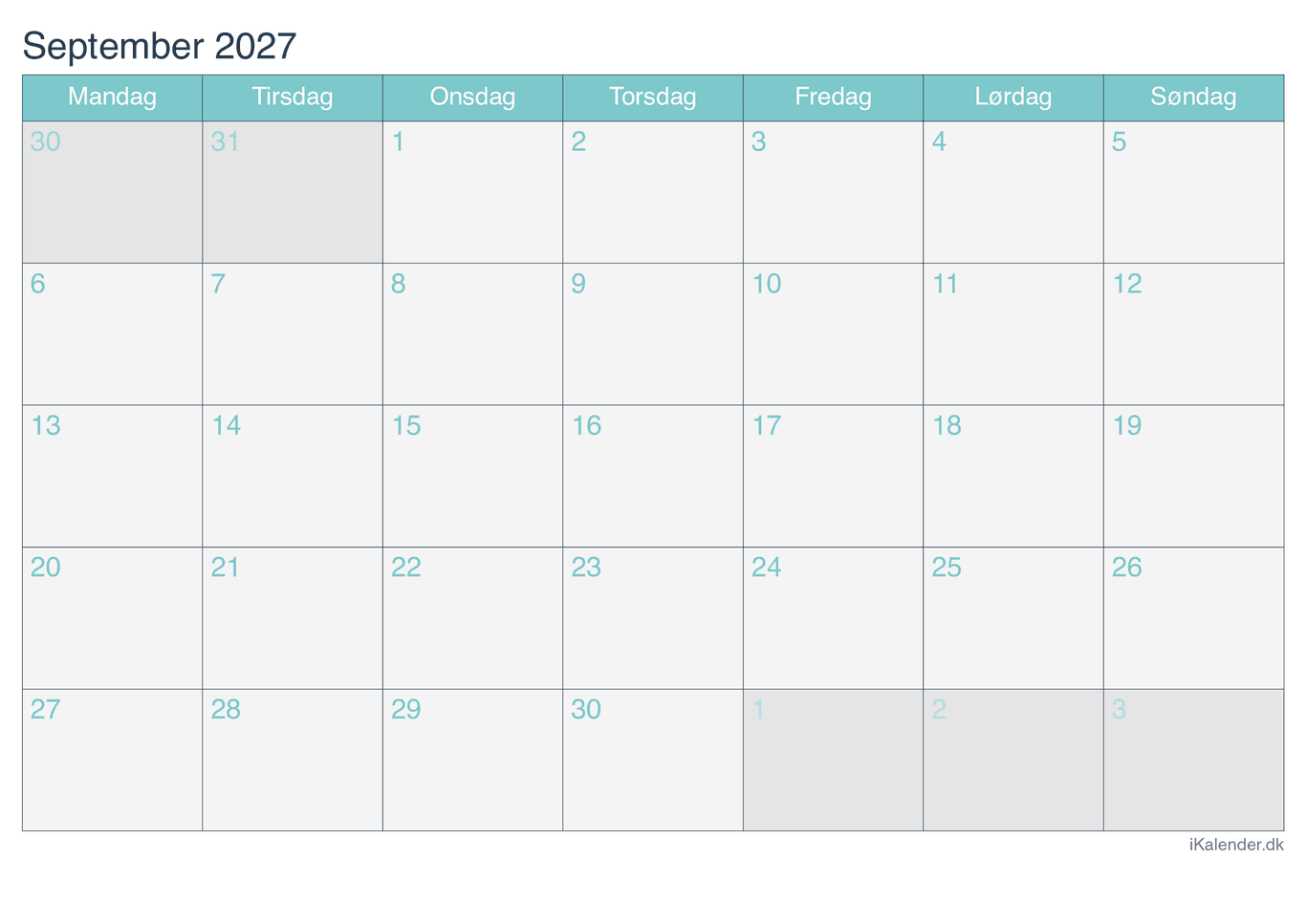 Kalender september 2027 - Turkis