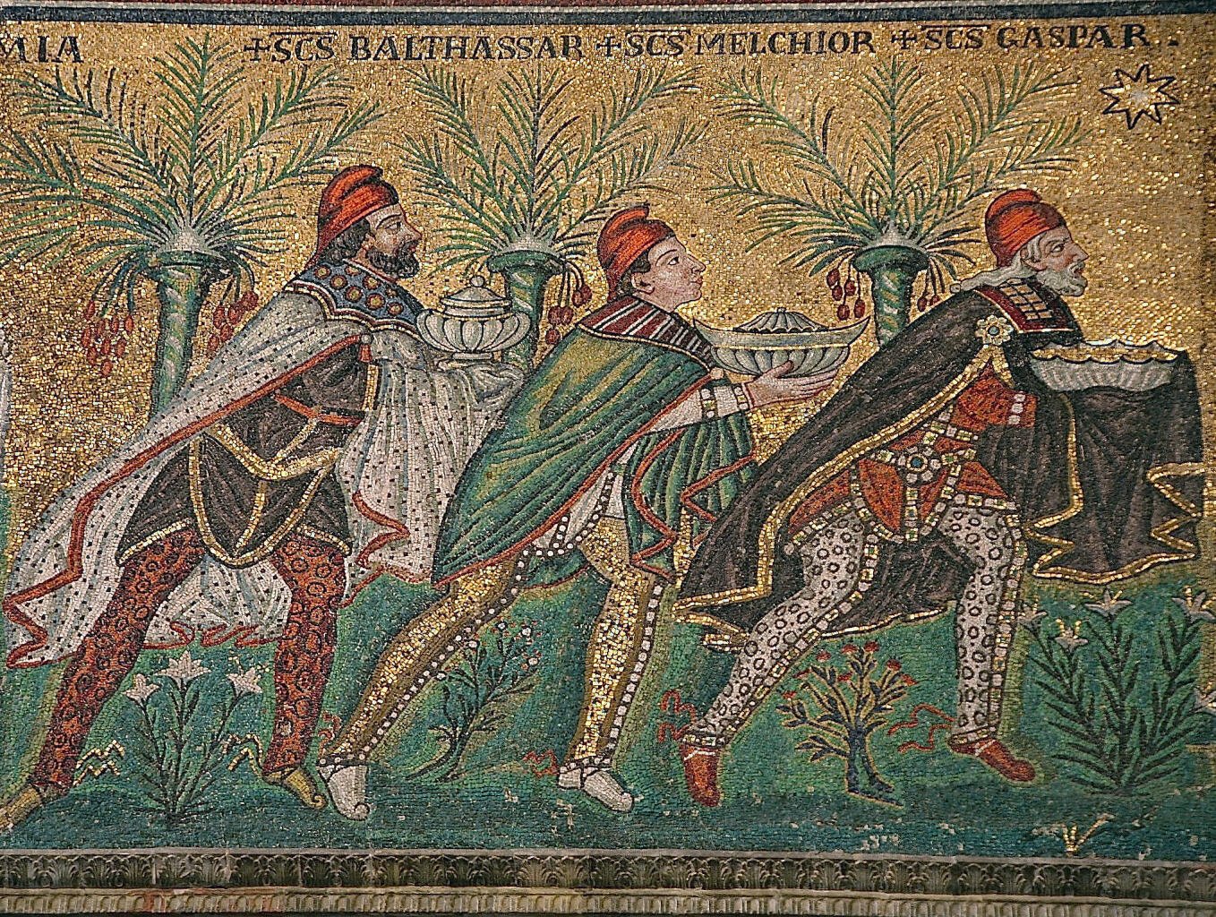 De vise mænd fra øst afbildet som persere, byzantinsk mosaik fra det 6. århundrede, Basilica di Sant'Apollinare Nuovo, Ravenna