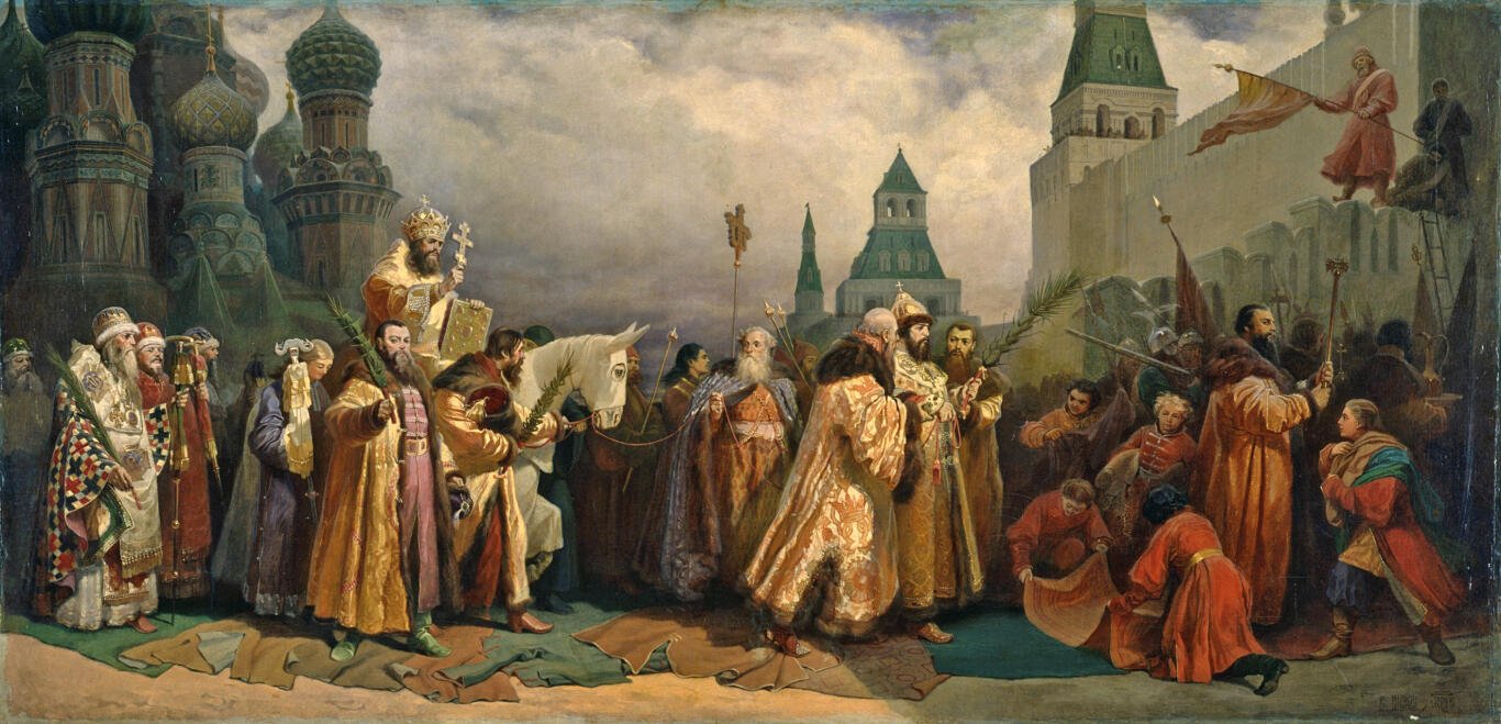 Palmesøndag i Moskva under tsar Alexei Mikhailovich. Patriarkens procession på et æsel